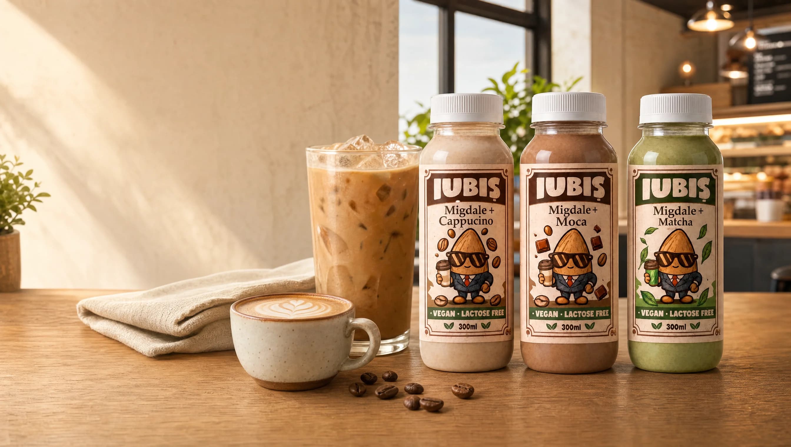 Trei cafele Migdal pe masa de cafenea, cu cappuccino și cafea cu gheață