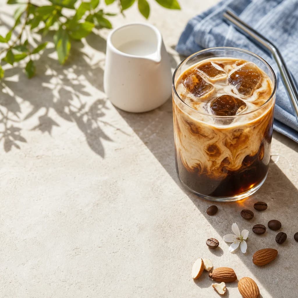 Cafea cu gheață lângă o cană mică de lapte, pe blat luminos cu boabe de cafea și migdale
