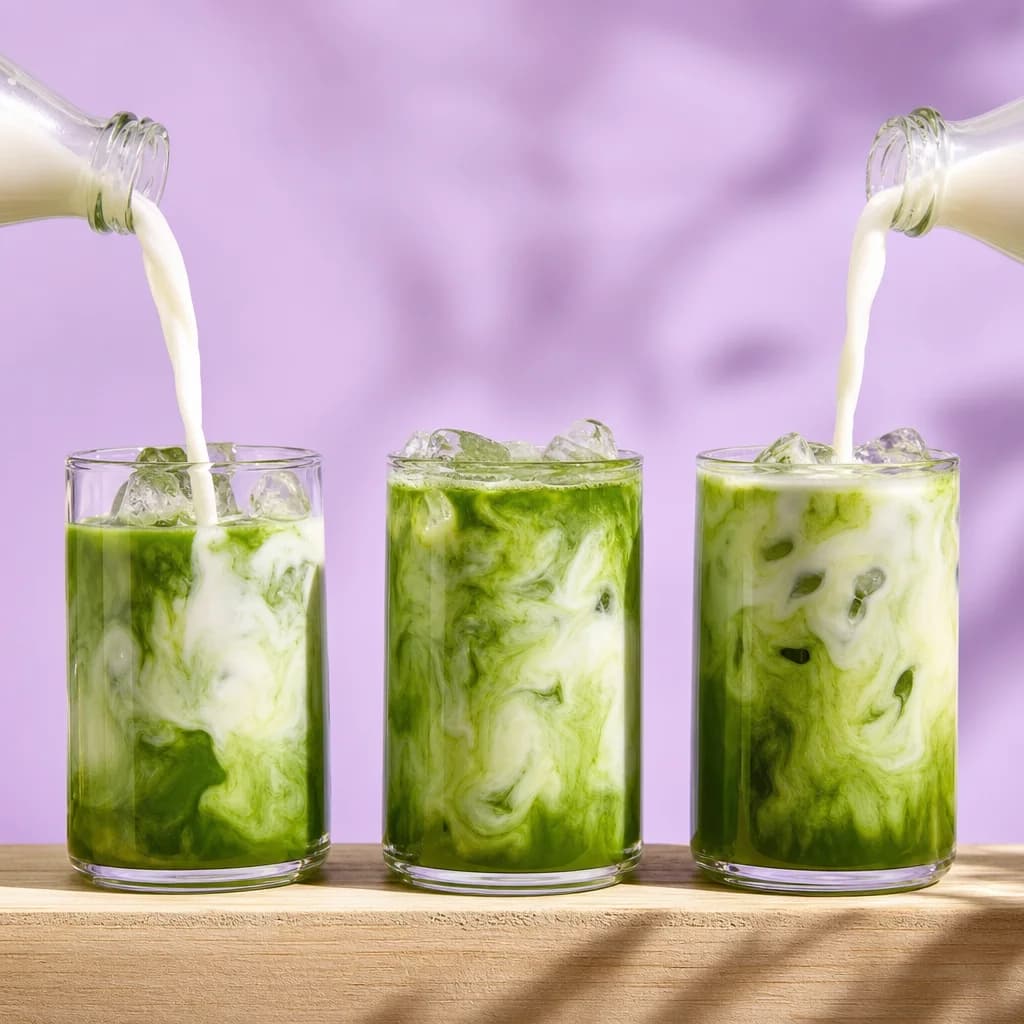 Trei pahare cu Matcha și lapte de migdale turnat, pe fundal de lavandă